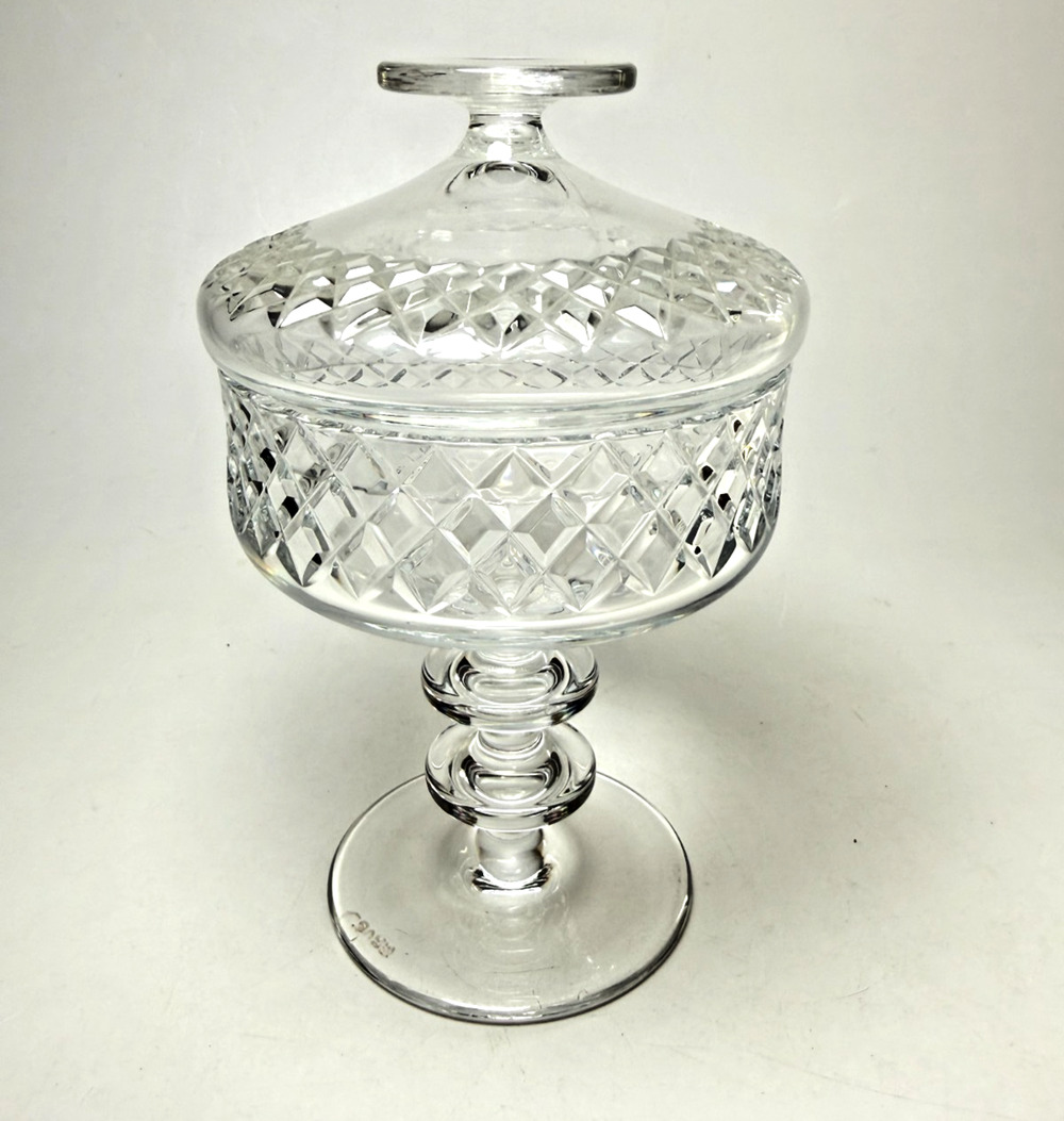 Irish Cavan Crystal Signed Footed Candy Dish w/ Lid Criss Cross Pattern Ireland